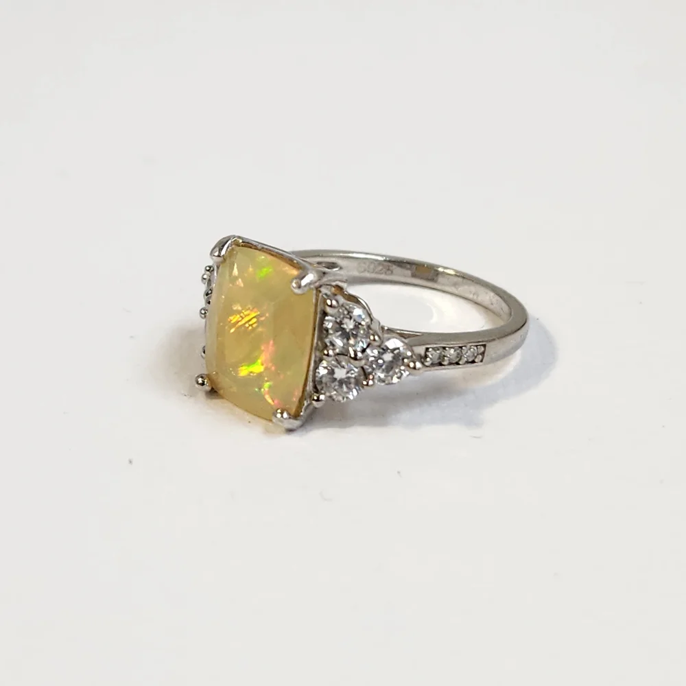 Genuine 2.05ct NATURAL Fiery Ethiopian Opal Wht Zircon 925 Ring Sz 7 VTG - Picture 12 of 15
